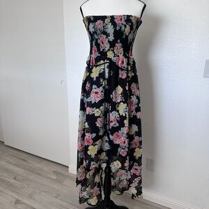 Guess Black Strapless Floral Maxi Dress with Pink & Yellow Blooms